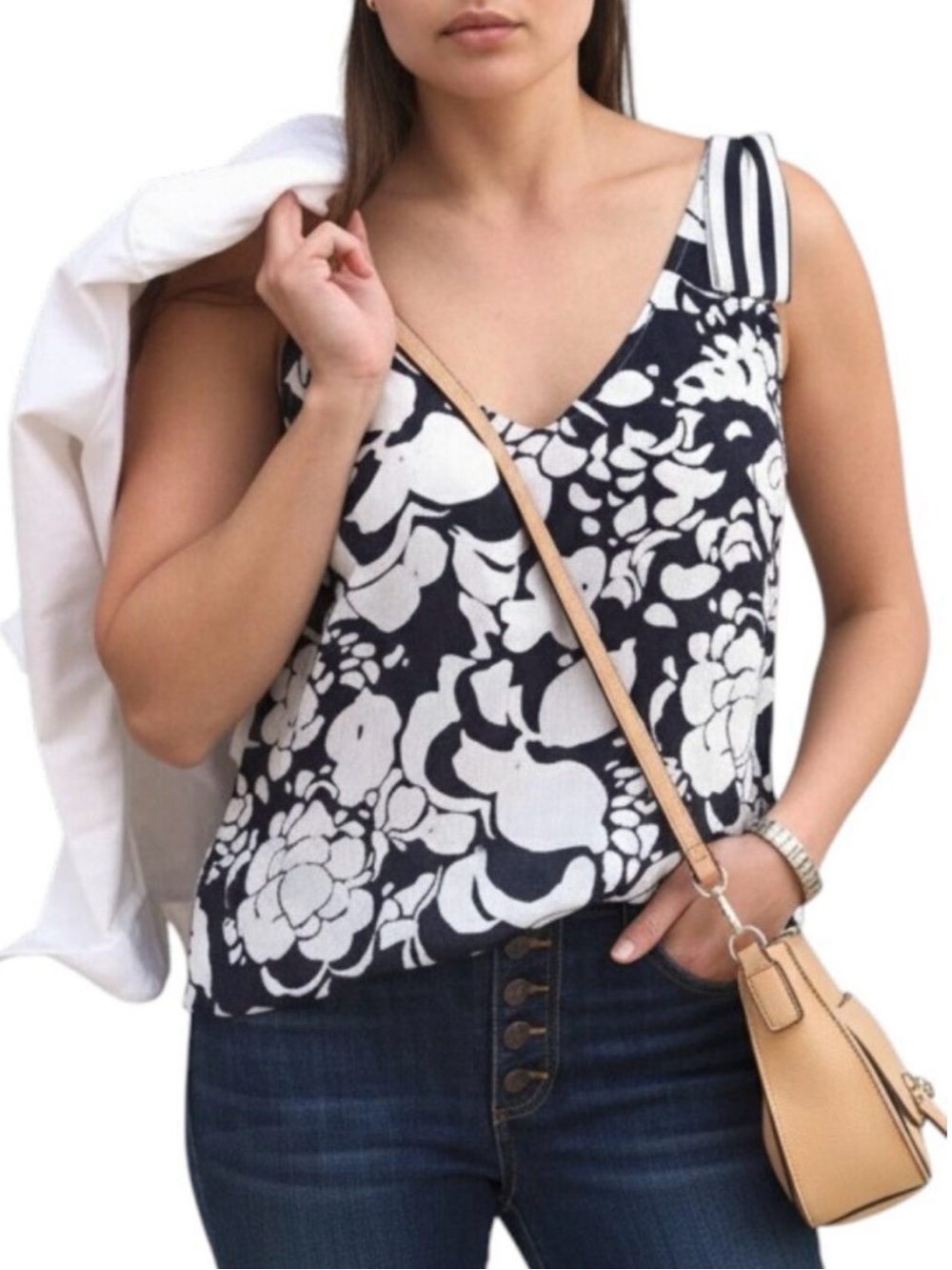 CAbi #5731 Navy and White Floral V-Neck Top with Striped Shoulder Tie